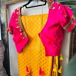 Banarasi yellow pink  Haldi saree sari zardozi/maggam work blouse